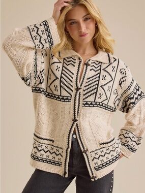 Altar'd State Cream & Black Geometric Knit Cardigan